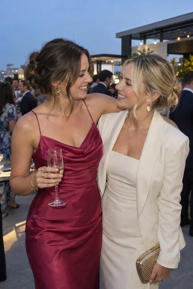 Two friends embracing during an evening celebration