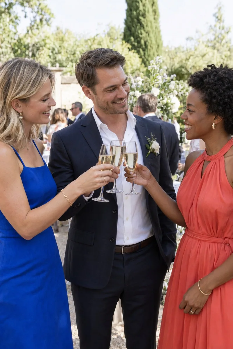 Wedding guests raising their glasses together