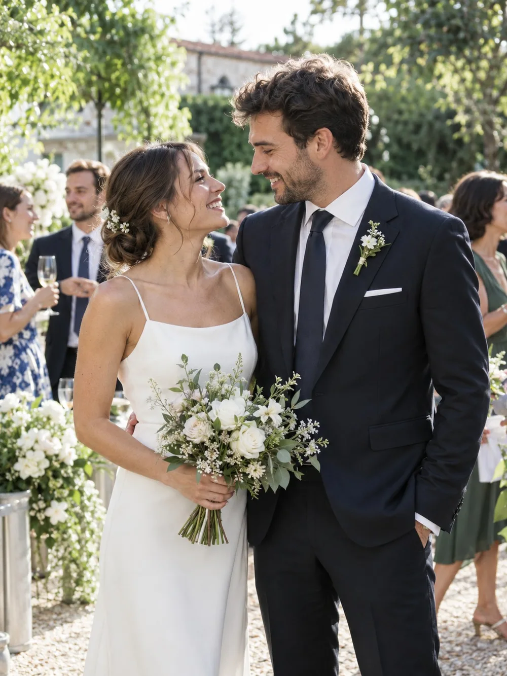 A newly married couple smiling together at an outdoor wedding