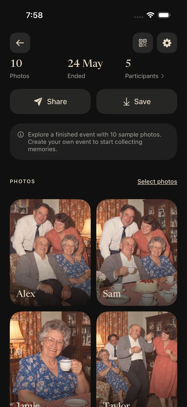 Actual Occur app gallery filled with ten sample family celebration photos